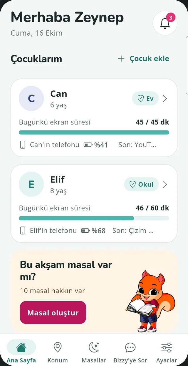 Bizzy ana sayfası: çocukların bulunduğu bölge ve bugünkü ekran süresi