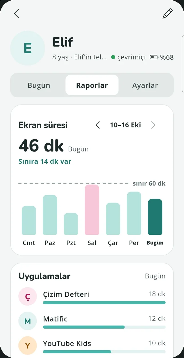 Haftalık ekran süresi grafiği ve günlük sınır çizgisi